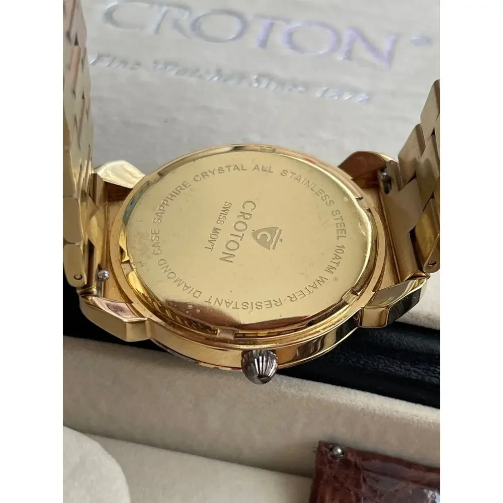 Croton Swiss Quartz Men’s Gold Tone Watch Crystal Bezel Date Sapphire Crystal